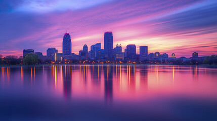 Fototapeta premium Stunning skyline of city at sunset, reflecting on calm water with vibrant colors