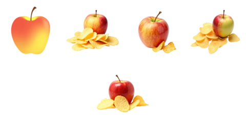 Colorful apple illustrations with different shading styles and variations, accompanied by a pile of crispy apple chips on a transparent background, offering a vibrant and tasty visual experience.