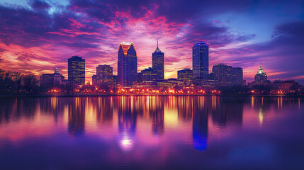 Fototapeta premium stunning skyline of Indianapolis at sunset, reflecting beautifully on water surface