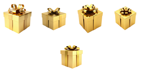 Golden Gift Boxes with Bows Set on transparent Background Featuring Varied Sizes and Designs Perfect for Celebrations and Festive Occasions Ideal for Digital Design Projects