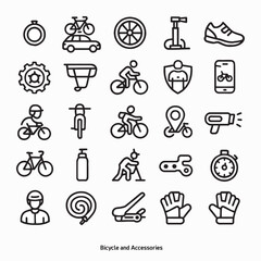 Bicycle-themed line art icon collection features 25 simple yet stylish black-and-white illustrations. Clean, modern aesthetic and arranged in a neat grid format, perfect for both digital and print use
