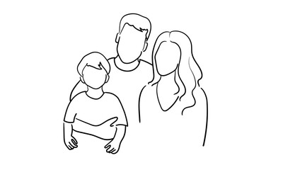 Continuous line happy family with son on white background. Parents with son. Line art drawing. Vector illustration	