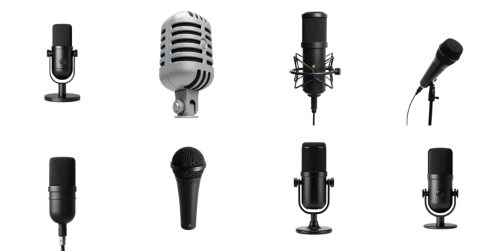 Variety of Microphones Displayed in Unique Styles and Designs Featuring Vintage and Modern Elements Against a transparent Background