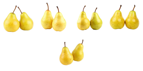 Collection of Fresh Yellow Pears Displayed on transparent Background Featuring Various Shapes and Sizes Ideal for Culinary and Graphic Design Uses