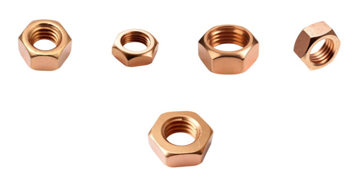 Collection of various metallic nuts in different sizes and shapes featuring a shiny copper finish, arranged against a solid transparent background for a clear visual contrast.
