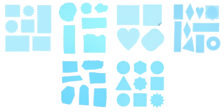 Collection of Various Light Blue Geometric and Decorative Shapes on transparent Background Including Hearts, Stars, and Different Labels - Powered by Adobe