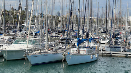 Sailboats docked in a marina under a cloudy sky.  Sailboats and yachts docked in a marina. Boats...