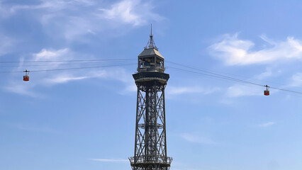 Cable Car Tower with Gondolas Against a Blue Sky
