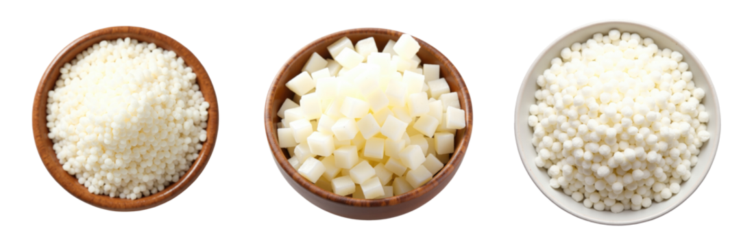 Three bowls showcasing different types of white food ingredients including granular, diced, and spherical forms against a transparent background, highlighting their textures and shapes.