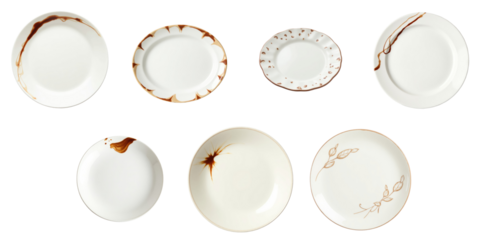Collection of Elegant White Plates Featuring Unique Brown Patterns on a transparent Background, Including Various Sizes and Designs for Versatile Decorative or Culinary Use