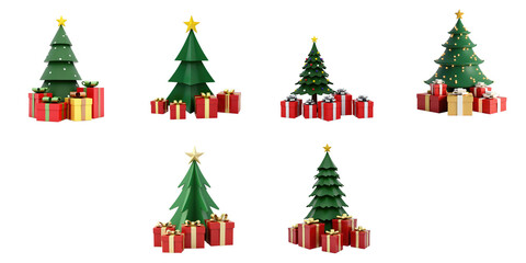 Collection of Colorful Christmas Trees with Decorative Gifts in Festive Arrangements Showcasing Different Styles and Colors on a Dark Background