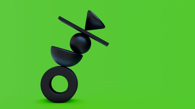 Abstract geometric composition with balanced motion simple black forms on chroma key background. Modern fashion concept art for business, psychology. Realistic seamless 3d animation.
