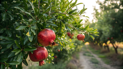 A lush pomegranate tree grows in an open field, surrounded by grass and bathed in warm sunlight