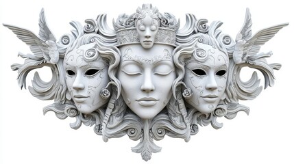 A stunning white sculpture featuring three expressive masks, symbolizing emotion and artistic creativity.