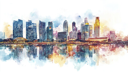Fototapeta premium vibrant watercolor illustration of city skyline reflecting water, showcasing modern architecture