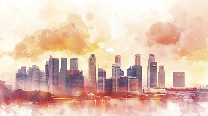 vibrant watercolor illustration of city skyline sunset, showcasing soft colors and serene
