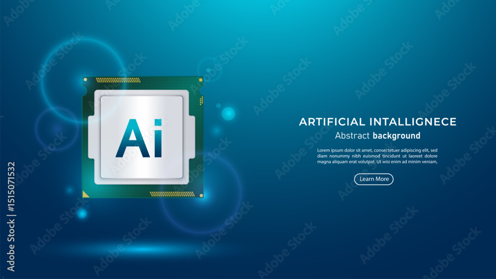 Poster 3D AI processor chipset on a dark blue background. Future cybernetic artificial intelligence and AI Chips with neon light. Big data and deep learning technology concept. Vector illustration.