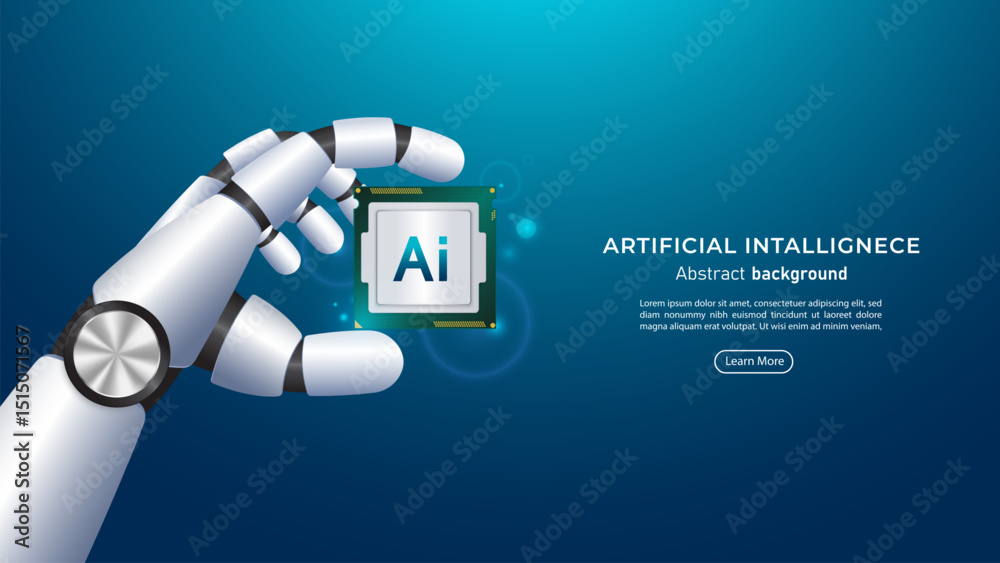 Poster 3d a futuristic robotic hand holding an ai chipset. future cybernetic artificial intelligence, innov