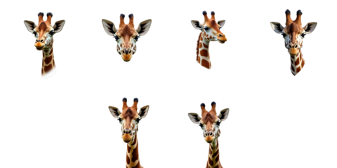 Collection of Giraffe Heads Featuring Various Expressions and Angles on a transparent Background with Transparent PNG Format Ideal for Creative Projects and Designs
