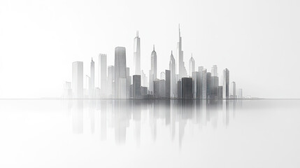 Naklejka premium Minimalist city skyline illustration with reflections white background, evoking serene