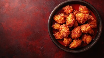 Fototapeta premium Golden buffalo chicken wings in a black bowl on a dark red stone background. High-contrast overhead composition with rustic texture. Craving and comfort. Ideal for menus, ads, and food blogs.