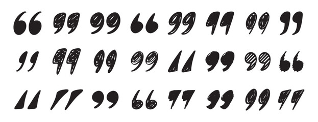 quotation mark doodle testured hand drawn icon set. quotation mark drawing line clipart symbol collection
