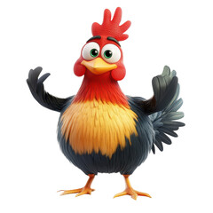Colorful cartoon rooster character with a lively expression welcomes viewers in a playful setting
