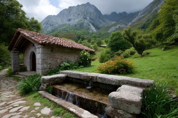 Fototapeta premium Stone chapel with tiled roof and water fountain against a backdrop of mountains and green meadows