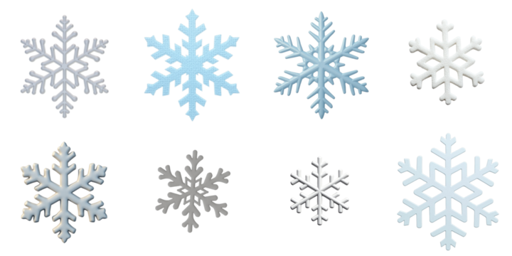 Collection of Various Snowflake Designs in Different Shapes and Colors Against a transparent Background Featuring Eight Distinct Snowflakes in White and Light Blue Tones