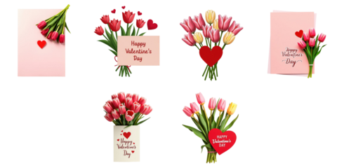 Valentine's Day Floral Collection featuring vibrant bouquets of tulips, decorative heart elements, and playful greeting cards with heartfelt messages on a contrasting transparent background.