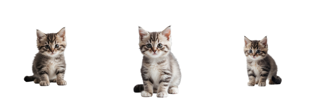 Three adorable tabby kittens of varying sizes sitting against a transparent background, showcasing their playful expressions and distinct striped fur patterns.