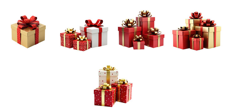 Various beautifully wrapped gifts in festive colors and patterns, featuring gold, red, and white designs, presented on a transparent background for easy visibility and appeal.