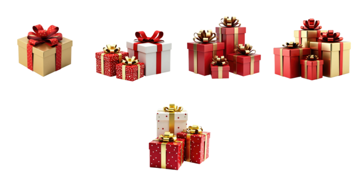 Various beautifully wrapped gifts in festive colors and patterns, featuring gold, red, and white designs, presented on a transparent background for easy visibility and appeal.