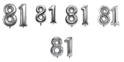 Silver Foil Number Balloons Featuring the Number 81 Repeatedly Displayed in Various Sizes and Styles Against a transparent Background