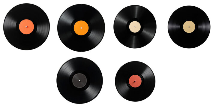 A vibrant collection of six classic vinyl records arranged in two rows on a transparent background, showcasing colored labels of orange, yellow, cream, transparent, and red accents.