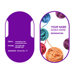 A purple multi-purpose business card design with threads inside it.  Editable card.