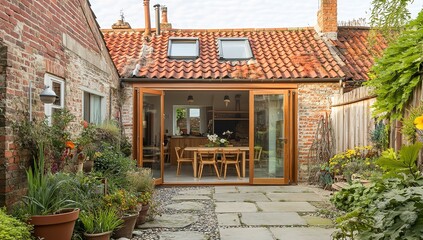 Brick House with Red-Tiled Roof and Small Garden in Seaside English Town &ndash; Outdoor Terrace with Dining Table and Sliding Doors