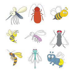 vector hand drawn insects - mosquito cockroach bee fly wasp dragonfly firefly