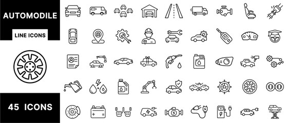 Automobile Line Icons Set Featuring Cars, Car Repair, Electric Vehicles, Tools, Garage, Fuel, Engines, Speedometers, Batteries, Tires, and Vehicle Maintenance