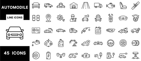 Automobile Line Icons Set Featuring Cars, Car Repair, Electric Vehicles, Tools, Garage, Fuel, Engines, Speedometers, Batteries, Tires, and Vehicle Maintenance