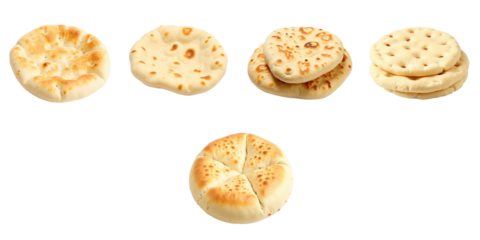 Collection of Various Flatbreads Displayed on a transparent Background Featuring Multiple Types including Round and Triangular Shapes with Unique Texture and Color Variations