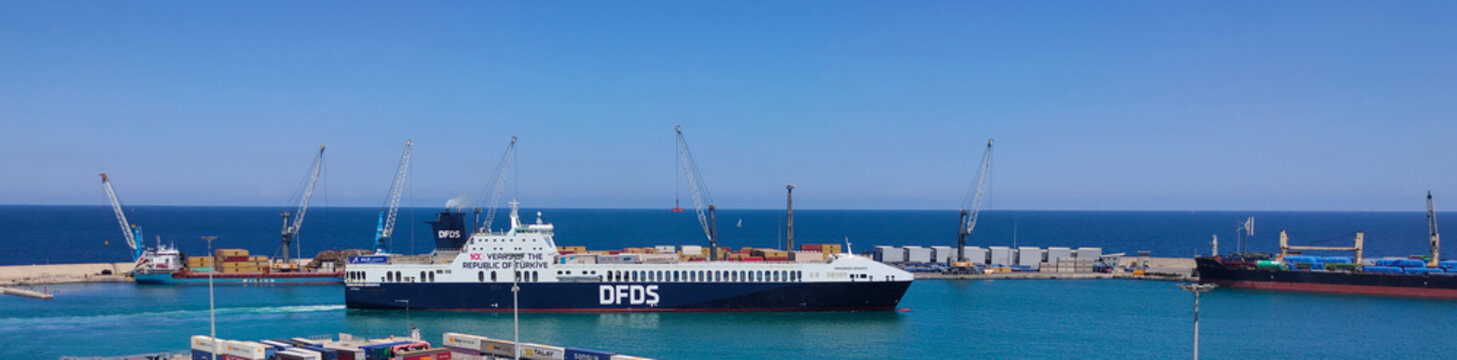 Bari, Italy - May 10, 2025: Aerial view of a modern ferry boat at pier awaiting loading cargo from port.