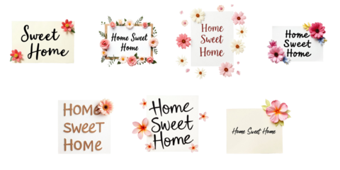 Collection of Floral Home Sweet Home Signs with Various Designs and Texts on Transparent Background
