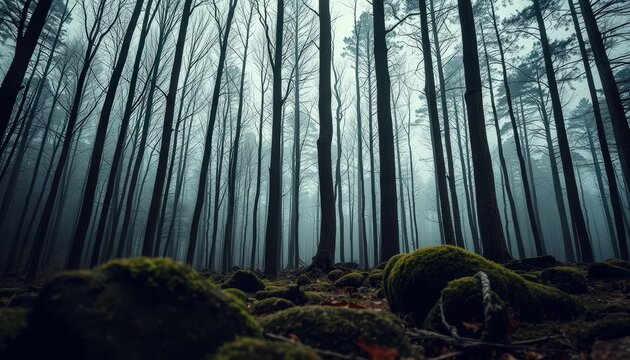 Moody forest scene with tall, bare trees and moss-covered ground - Powered by Adobe