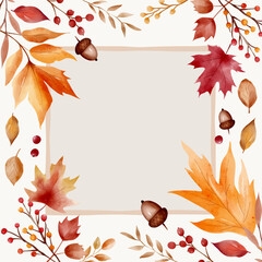 Hand painted square fall frame. Watercolor border with autumn leaves and space for quote, text or invitation