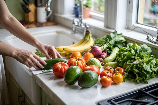 Woman unpacking fresh produce in kitchen - Powered by Adobe