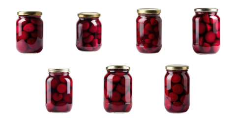 Collection of Eight Jars with Red Pickled Radishes Featuring Clear Glass and Gold Lids on a transparent Background Showcasing Different Angles and Arrangements of Contents