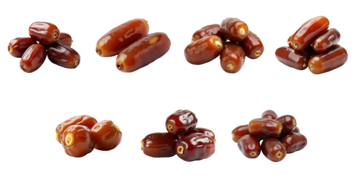 Variety of Dates Displayed in Clusters on transparent Background Featuring Different Shapes, Sizes, and Textures, Highlighting Their Rich Color and Freshness