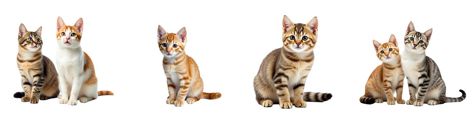 Collection of Playful Kittens Displaying Various Patterns and Colors with transparent Background Showcasing Orange, Brown, and Cream Fur Patterns in Pairs and Solo Poses