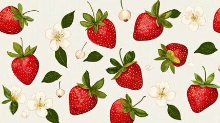 A vibrant pattern featuring fresh strawberries and delicate flowers, perfect for summer designs and culinary themes.